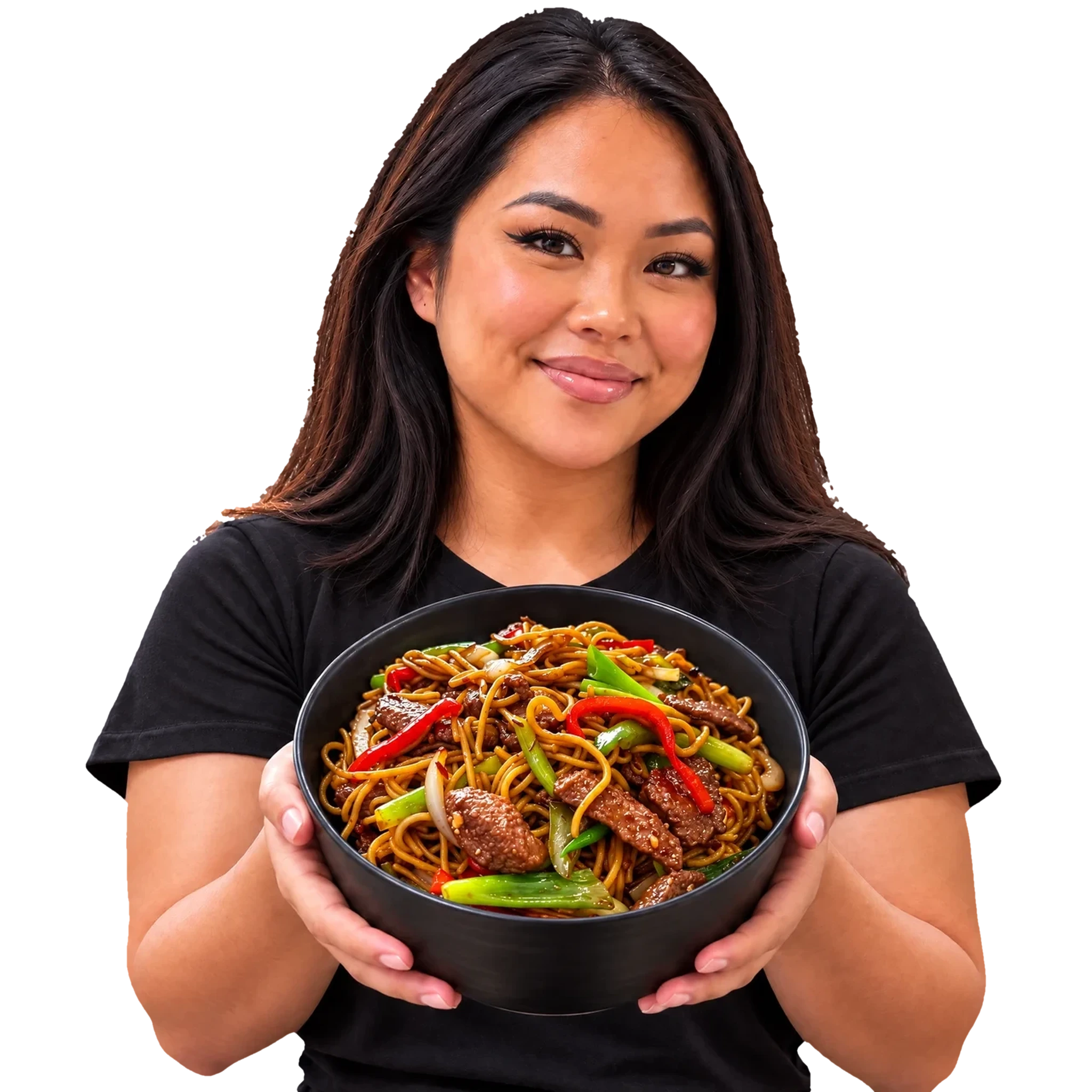 Fotoconcept van Kelly met een zwarte kom noedels met rundvlees, paprika en bosui, in beide handen vastgehouden en goed in beeld
